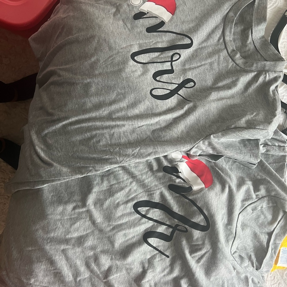 Mr. & Mrs. Santa Claus shirts. Mens L Womens M